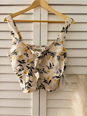 Midnight Sky Cream Lemon-Print Tie-Front Crop Top
